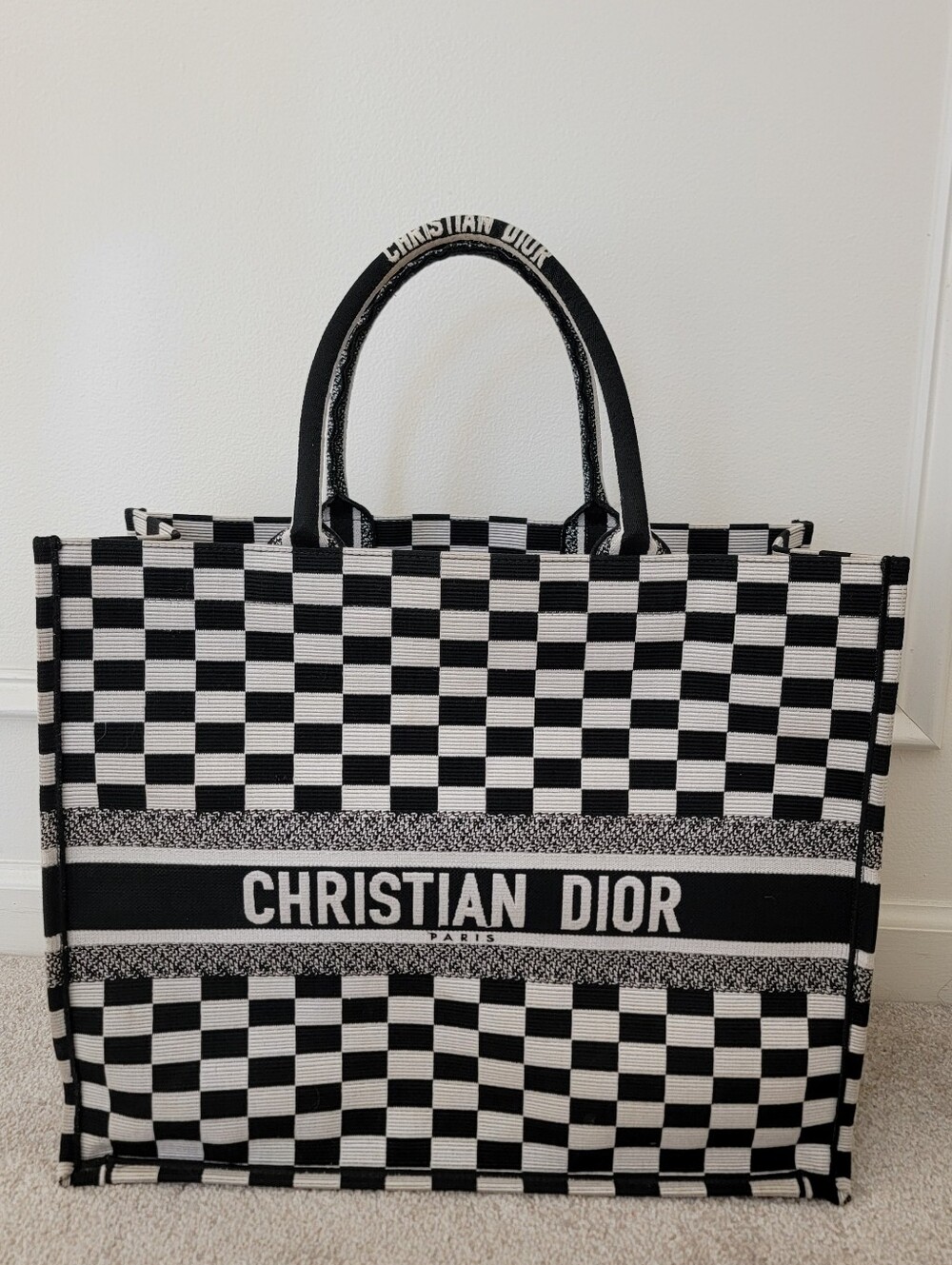 Dior Book Tote, Black & White Checker, Size Large